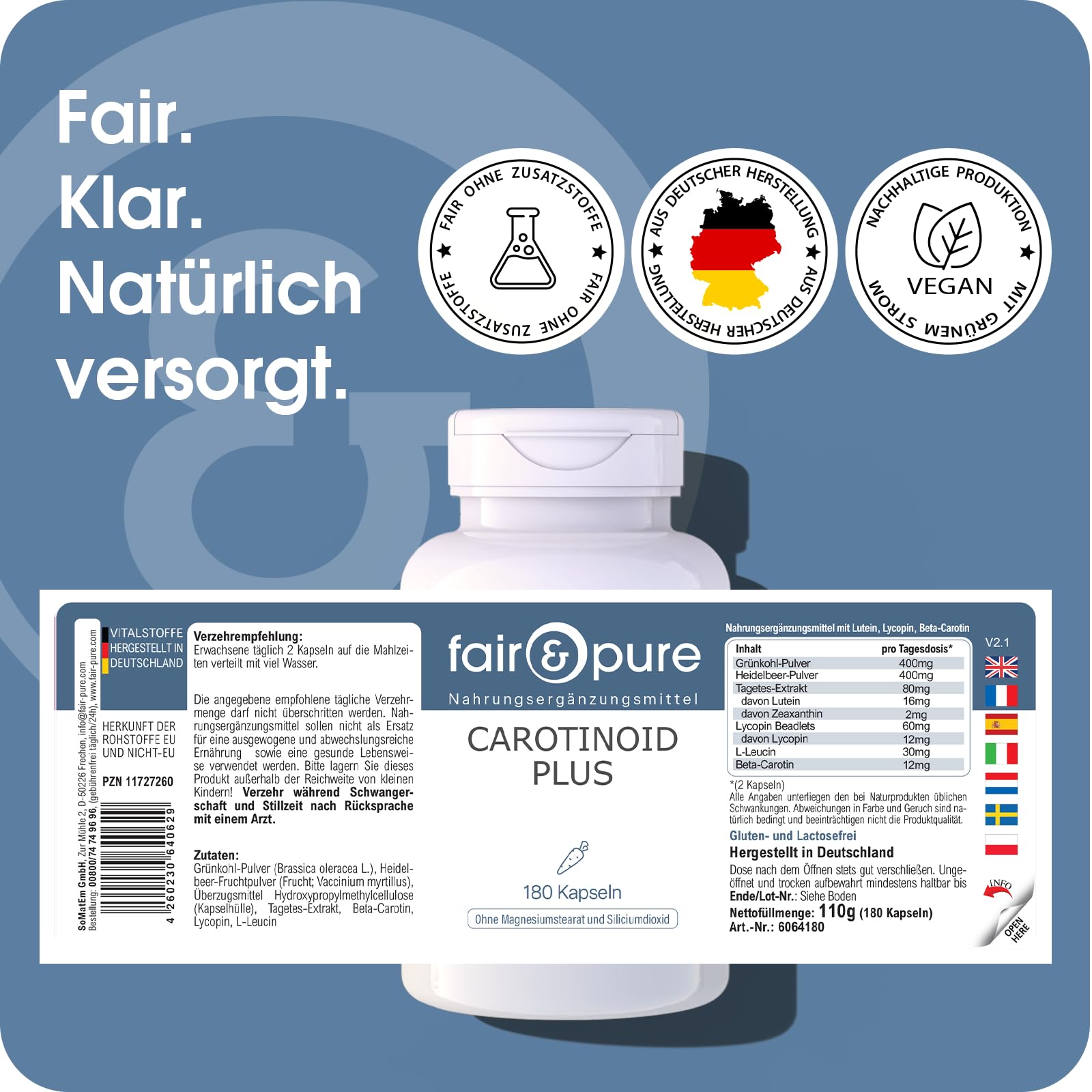 Fair & Pure Carotinoid Komplex, 180 Kapseln, schluckfreundlich, mit Lutein, Lycopin und Beta-Carotin, Nahrungsergänzungsmittel vegan ohne Magnesiumstearat, in Deutschland hergestellt
