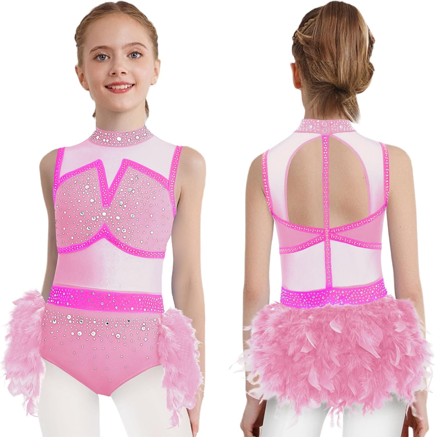 Girls Glitter Diamonds Feather Ballet Tutu Dress Sleeveless Cutout Back Jazz Latin Dance Dress Performance Leotard