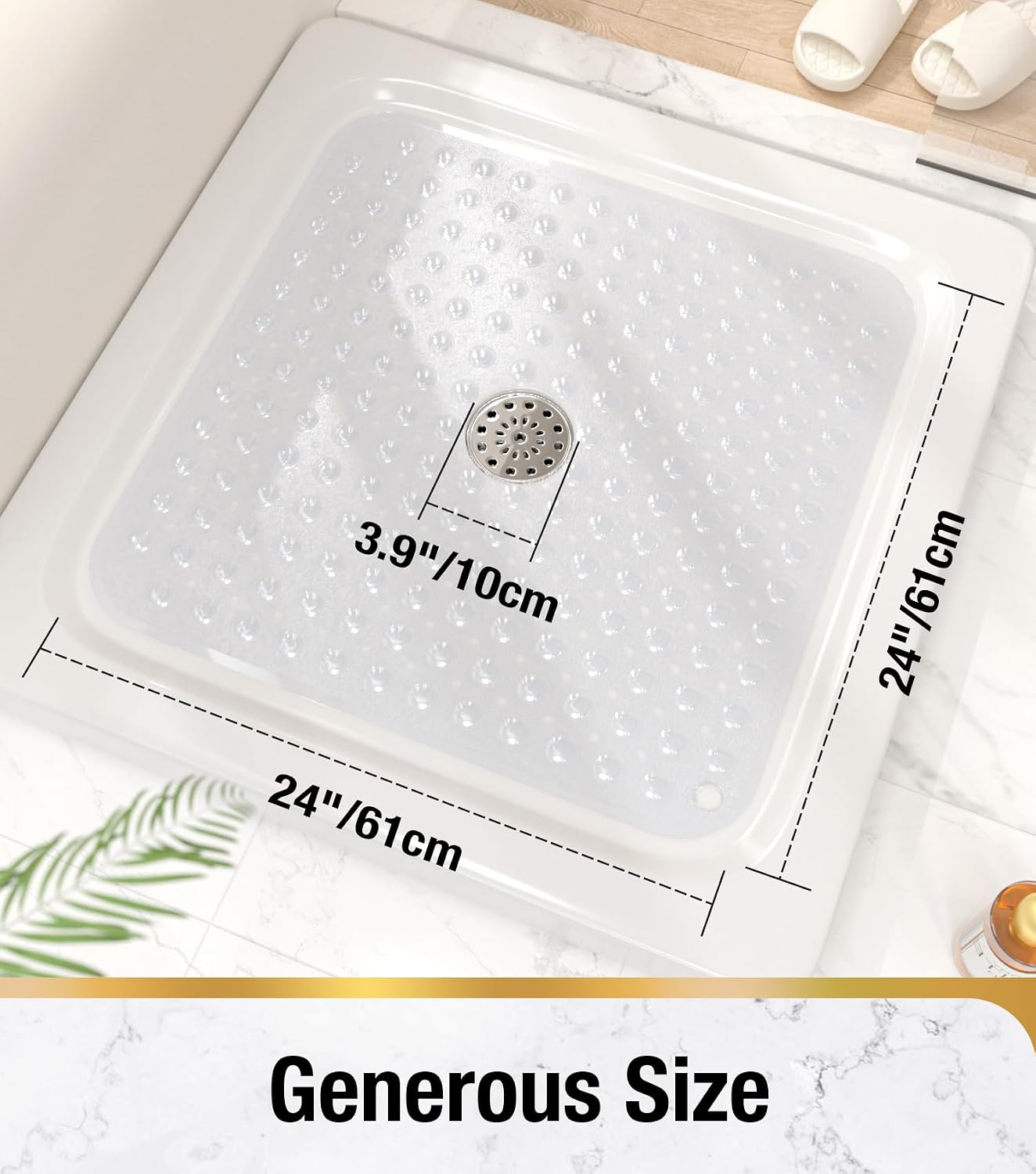 hitslam shower bathtub mat non slip, 24"x 24" bath mat for tub, soft pvc shower mats for inside shower with suction cups and center drain hole, machine washable bathroom floor mat, clear crystal clear 24" x 24" (square)