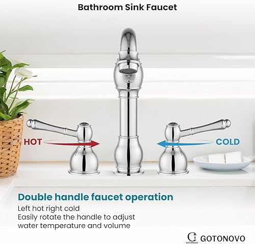 Miniatura 7 de gotonovo Grifos de baño generalizados de 8 pulgadas para fregadero de 3 agujeros, 2 manijas de palanca, montaje en cubierta con drenaje emergente,