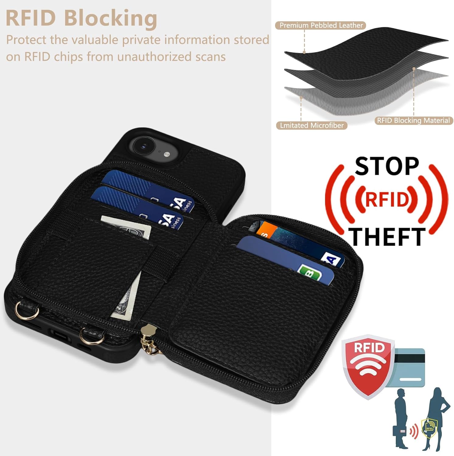 Keallce Case for iPhone 17e 2026 6.1'' Case Wallet, Crossbody Zipper with RFID Blocking Card Slots Kickstand,Handbag Zipper Flip Cover with Wrist Strap for iPhone17e and iPhone 16e Men Women, Black