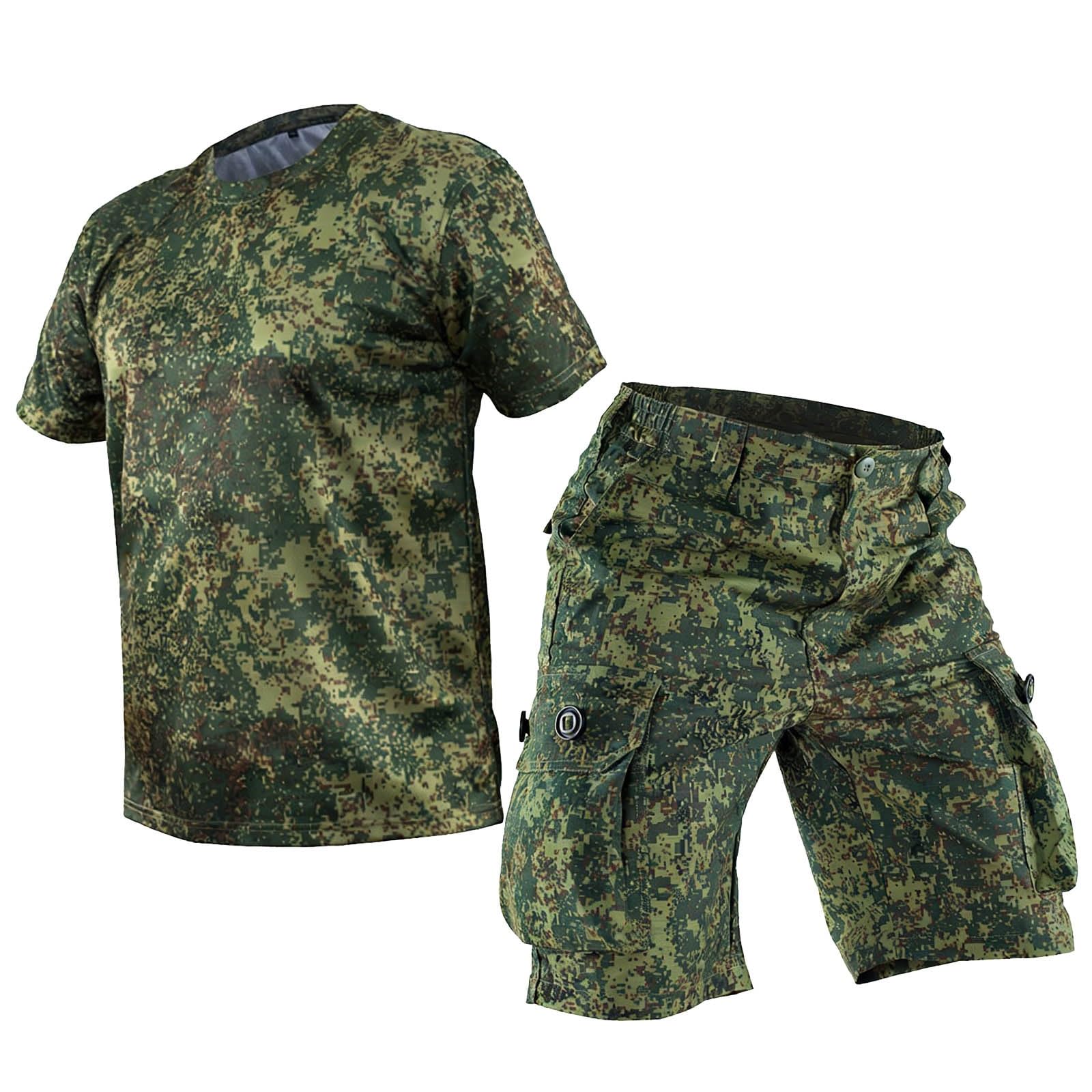 Set Composto da Maglietta Tattica Mimetica Russa, Maglia a Maniche Corte Mimetica da Uomo per Sport all'Aria Aperta e Pantaloncini Tattici Estivi da Uomo