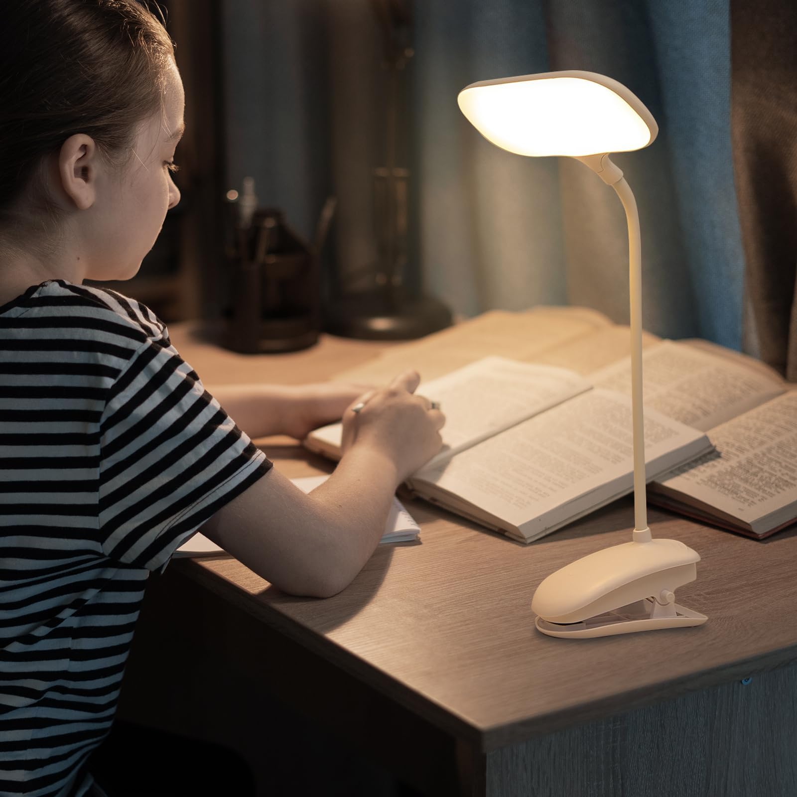 Lampe de bureau LED avec pince, lumières à clipser pour la maison, le bureau, 3000 mAh, piles rechargeables, 3 modes d'éclairage et variateur de luminosité pour enfants et étudiants