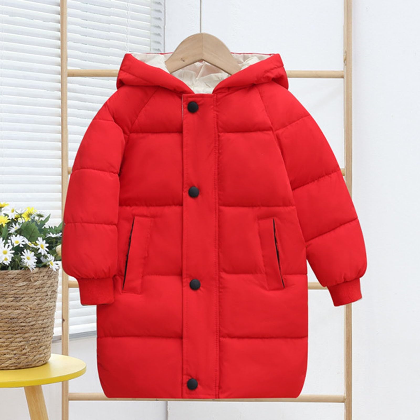 XINYUNZU Kinder Wintermantel Daunenmantel Warm Puffer Mantel mit Kapuze Einfarbig Daunenjacke Lang Winterjacke Outdoor Mäntel für Mädchen und Jungen 3-9 Jahre Alt