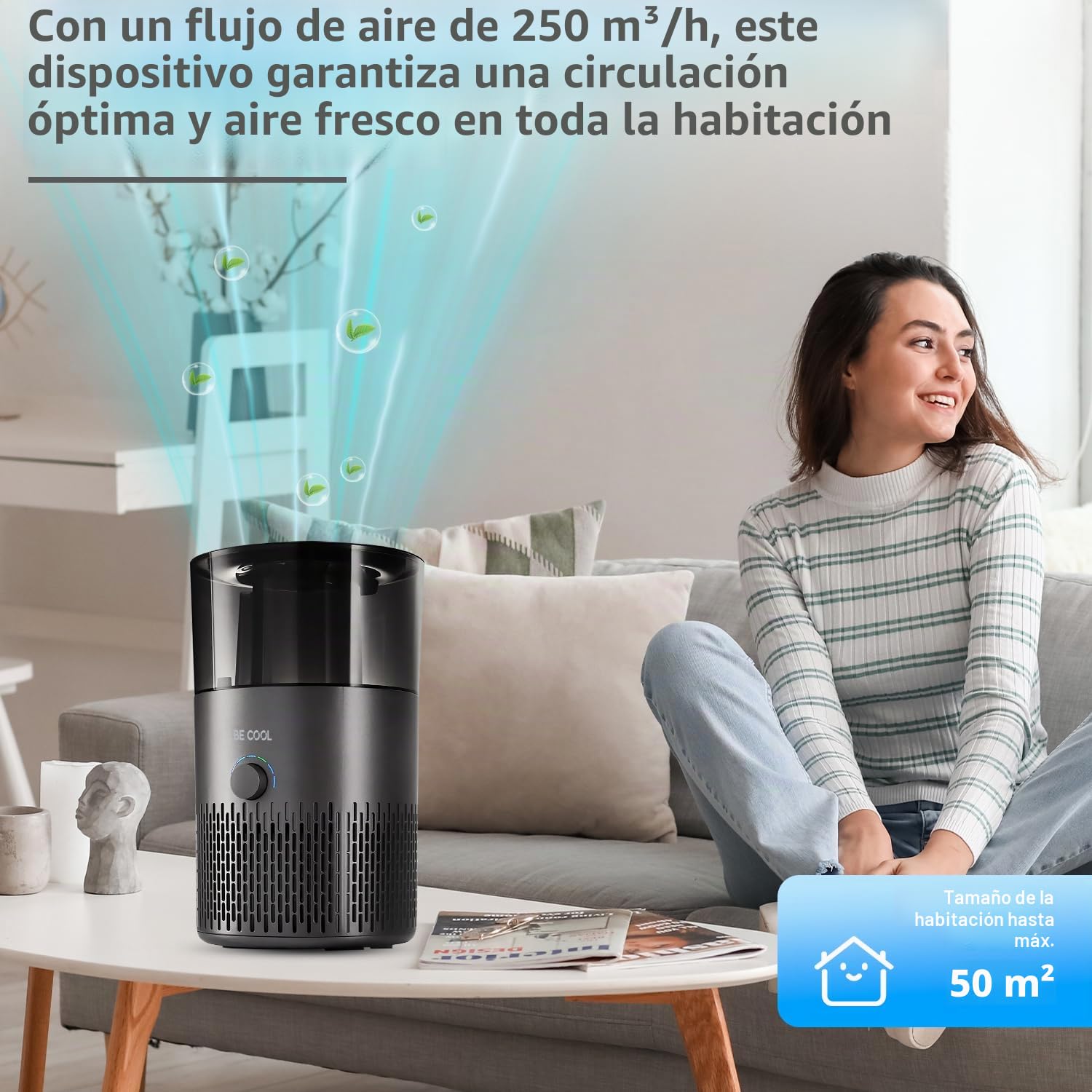 Be Cool Humidificador – aire caliente y frío – 7 niveles de humedad ajustables/rotación de 360 ° – 12 horas de tiempo de funcionamiento, silencioso, depósito de 5 litros/negro