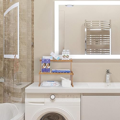 Miniatura 5 de Estante de bambú de 14.6 pulgadas  18.5 pulgadas de 2 niveles, soporte para macetas de escritorio, estante de escritorio ajustable, organizador de