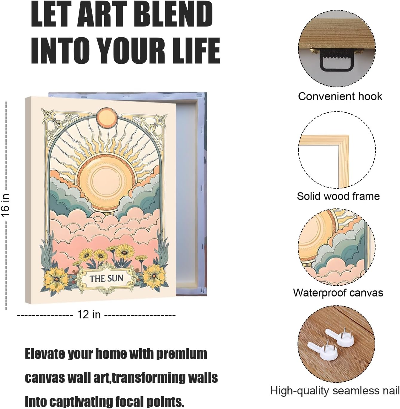 3Pcs Sun Moon And Star Celestial Canvas Wall Art Vintage Tarot Astrology Wall Decor Sun Flower and Full Moon Lotus Rainbow Poster Prints Picture for Bthroom Bedroom Living Room 12x16 inch Framed