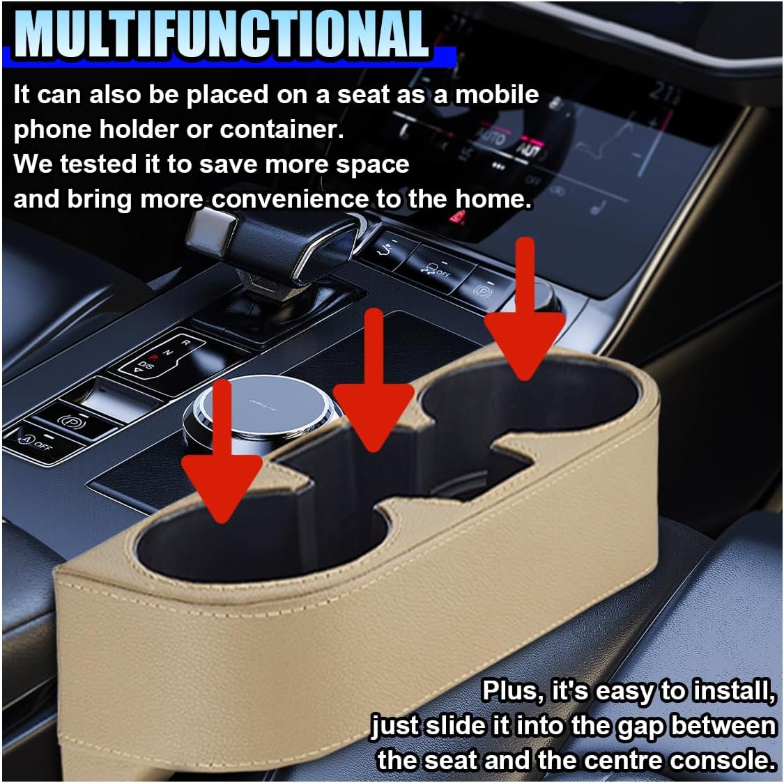 ZIMISI Car Cup Holder, PU Leather Auto Front Console Gap Filler Organizer, Multifunctional Cup Drink Holder, Car Seat Gap Filler Storage Box, Coin Bucket, Cell Mobile Phone Holder (Beige)