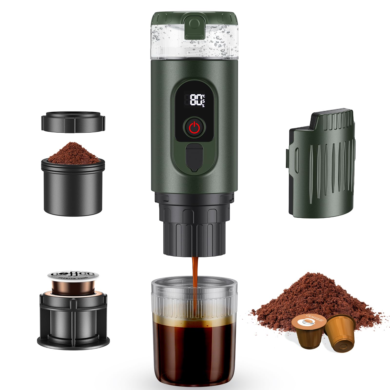 Machine à café portable 2 en 1 avec batterie 7650 mAh, pression de 20 BAR, extraction chaude/froide, pour dosettes et café moulu, portable pour bureau, voyages et camping (vert)