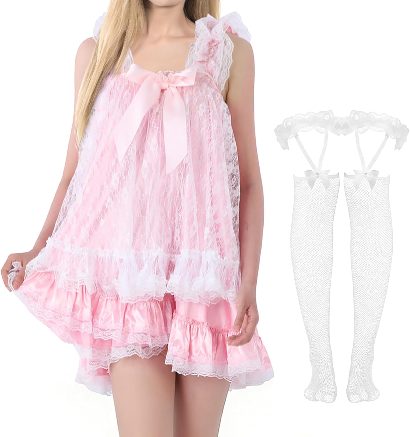 Valentine's Day Satin Lingerie Babydoll Frilly Nightie Negligee Nightwear Dress and Women Fishnet Stocking