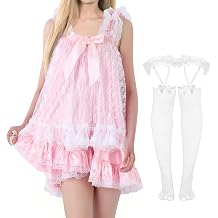 Valentine's Day Satin Lingerie Babydoll Frilly Nightie Negligee Nightwear Dress and Women Fishnet Stocking