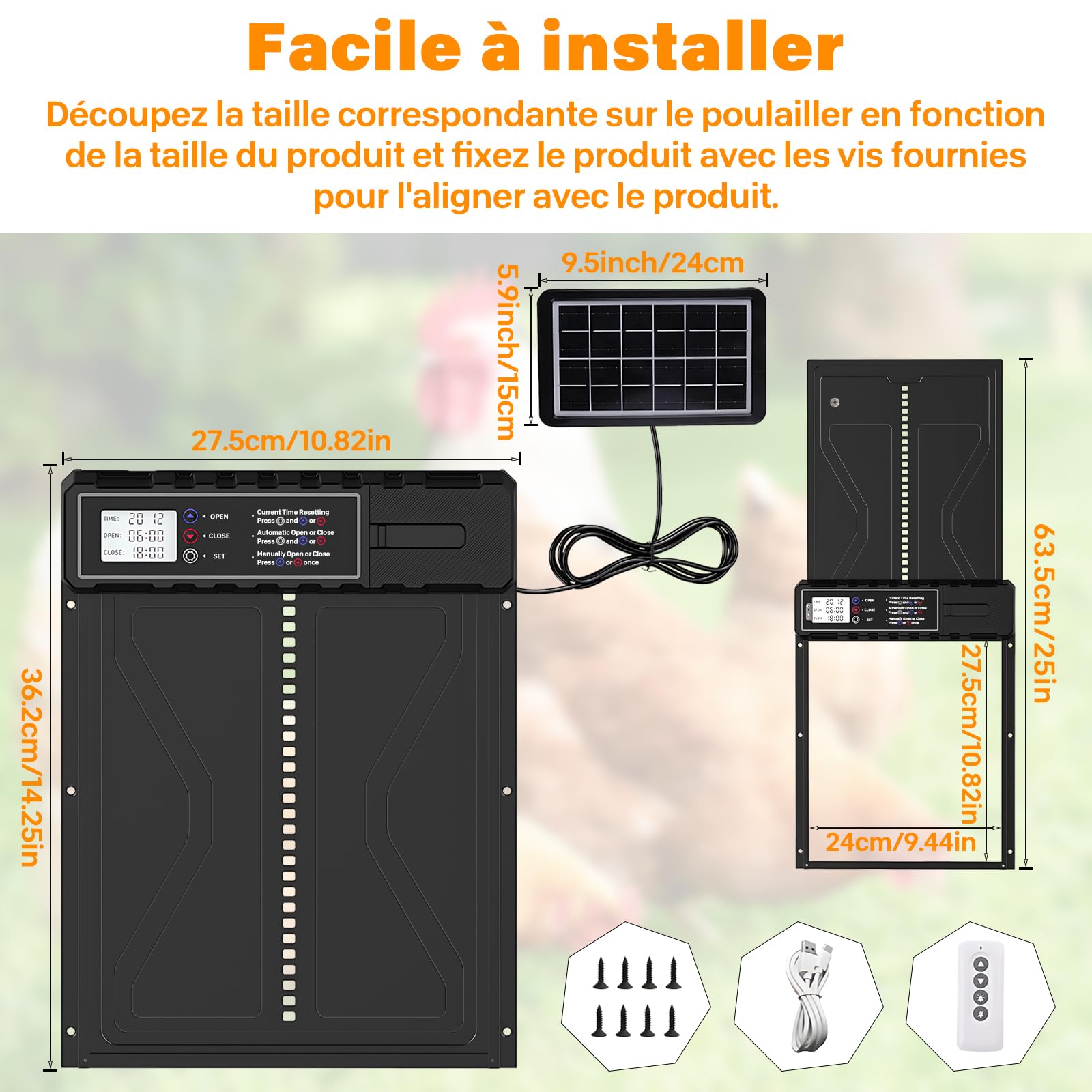 Porta pollaio automatica a energia solare con alzata temporizzata antipiega elettrica impermeabile con telecomando 33 cm x 24,5 cm, nero