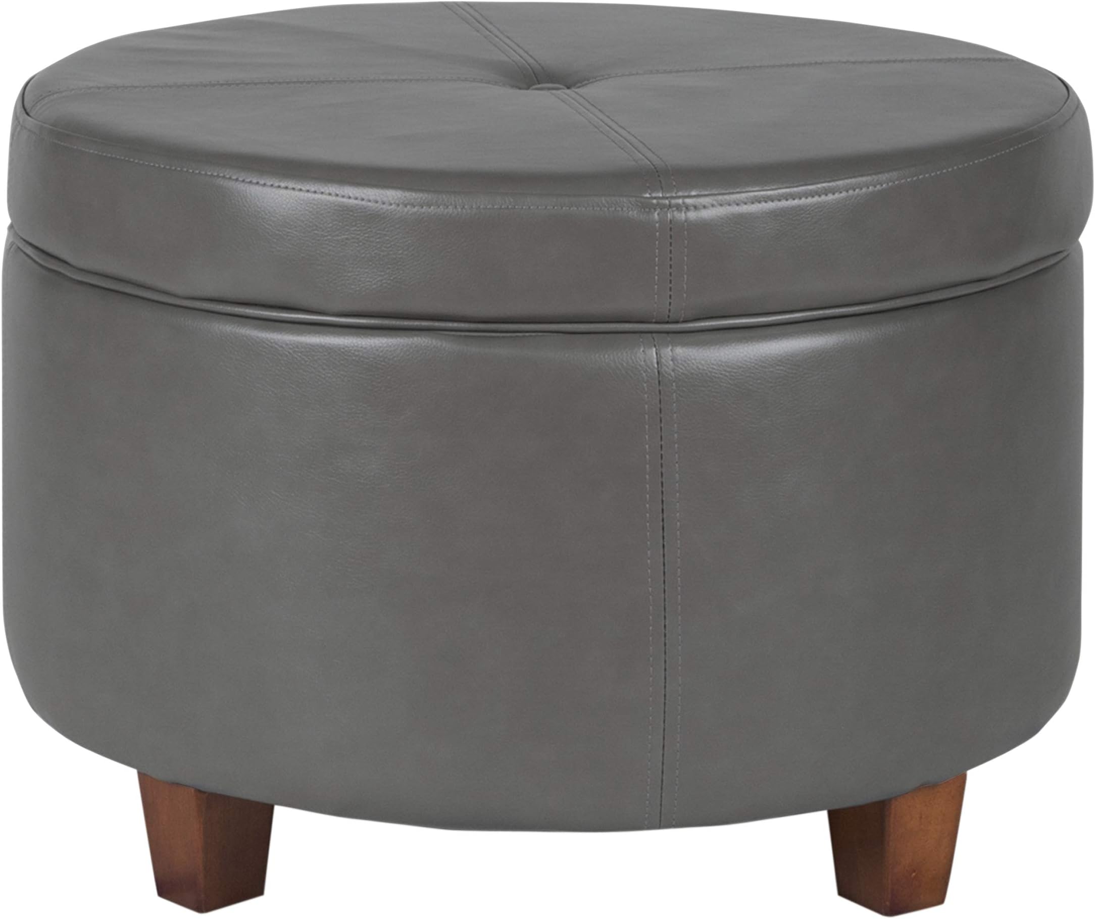 Round Leatherette Storage Ottoman with Lid, Charcoal Grey Large