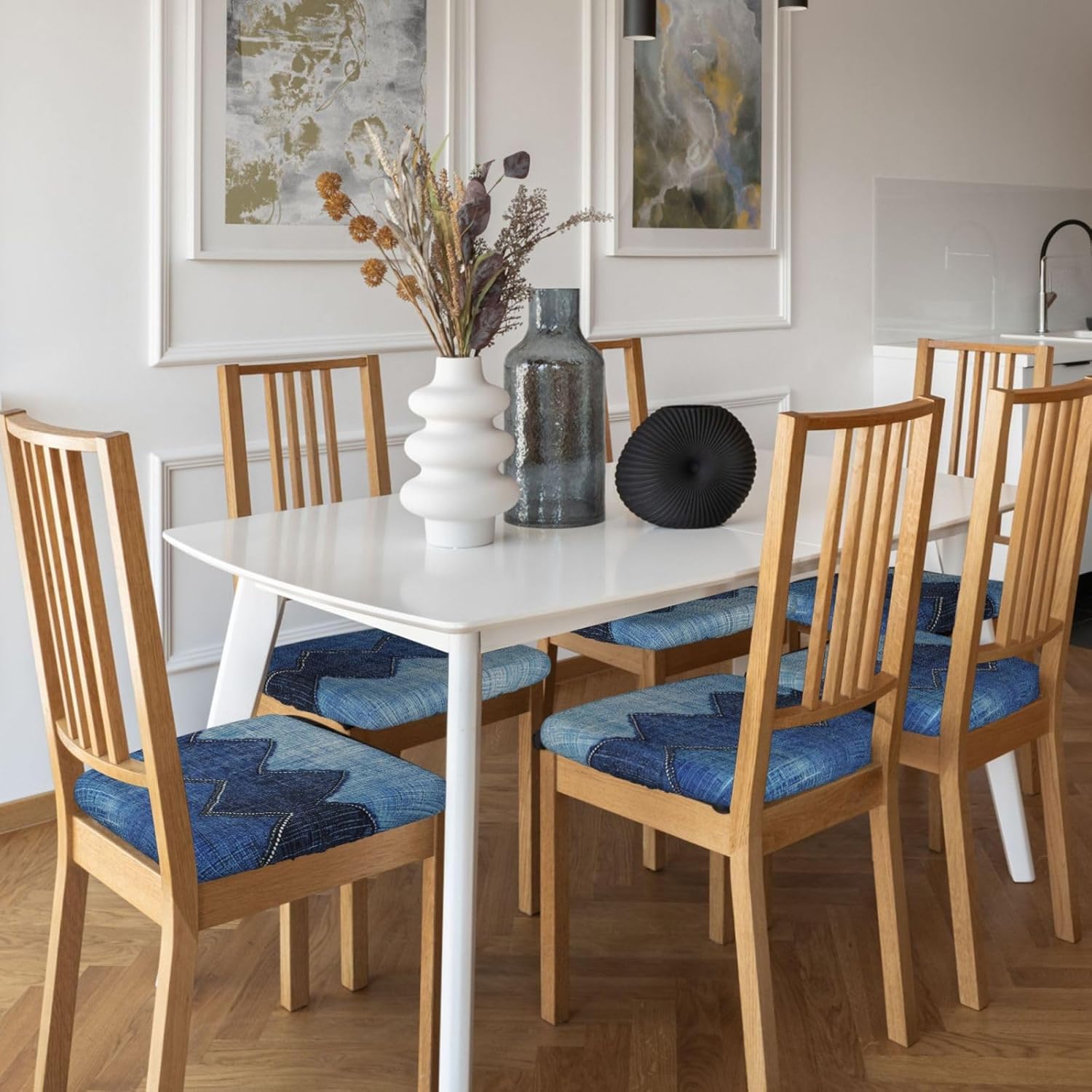 Gradient Blue Denim Print Square Cushion Covers 6 Pcs Set Elastic Non-Slip Seat Cushion Slipcovers Pet Furniture Protectors for Chair, Sofa