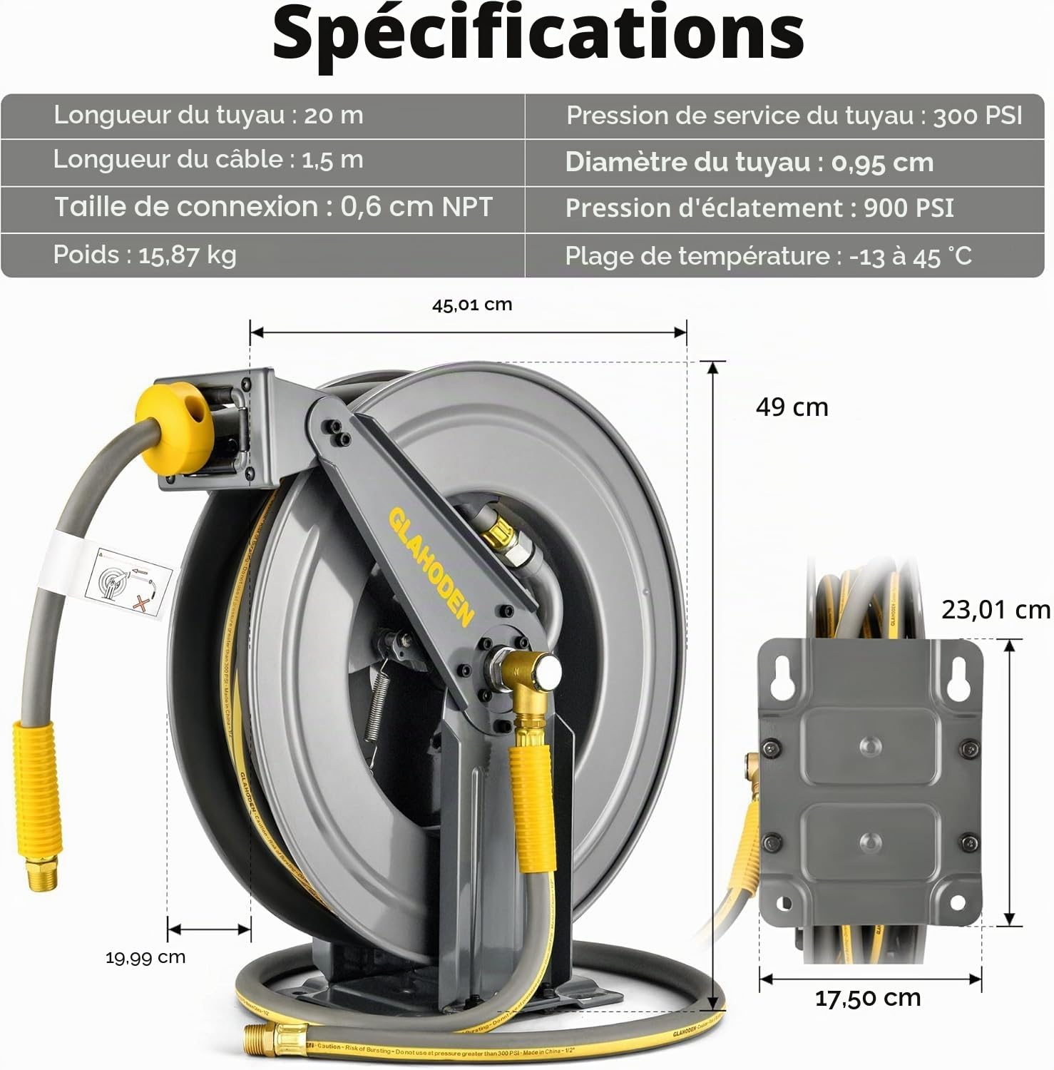 GLAHODEN Enrouleur de tuyau à air rétractable à double bras - 20 m - En acier robuste - Avec câble de 1,5 m de long - Maximum 20 bar