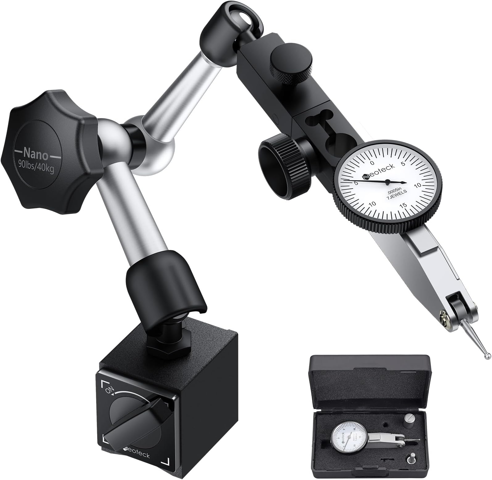 Neoteck Dial Test Indicator with Magnetic Base Stand and Storage Case, 0-0.03"/0.0005" Test Indicator Set with 2 Steel Dovetail Clamps 3/8'' and 5/32'' for Machine Set-Up, Narrow Area Measurement