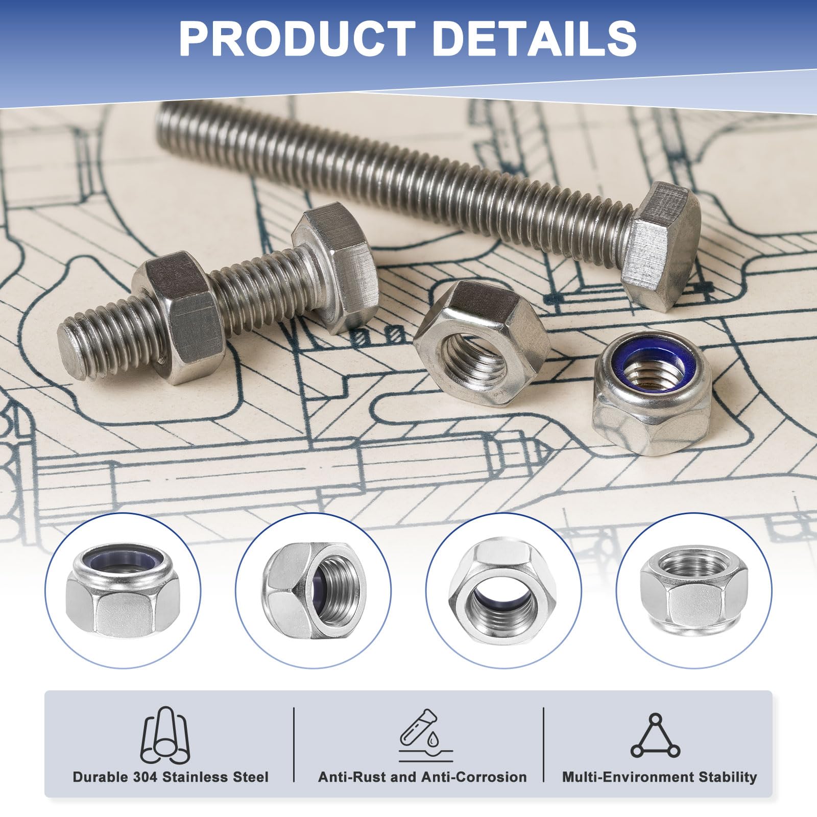 M METERXITY 25-Pack Nylon Insert Hex Lock Nuts - Image 2