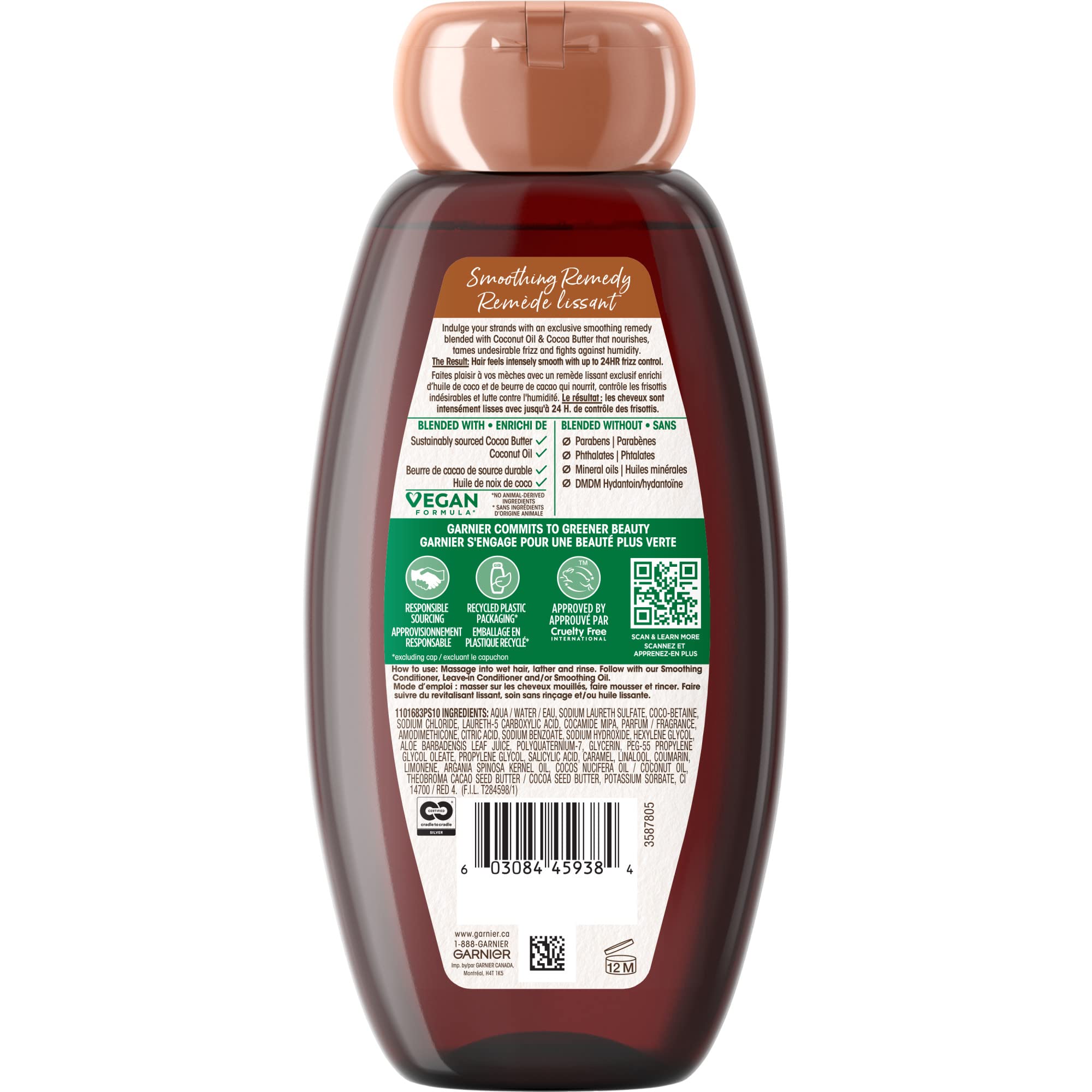 Garnier Whole Blends Coconut Oil & Cocoa Butter Scent Smoothing Shampoo for Frizzy Hair, Paraben-Free, Nourishing, Unisex, 12.5 Fl Oz