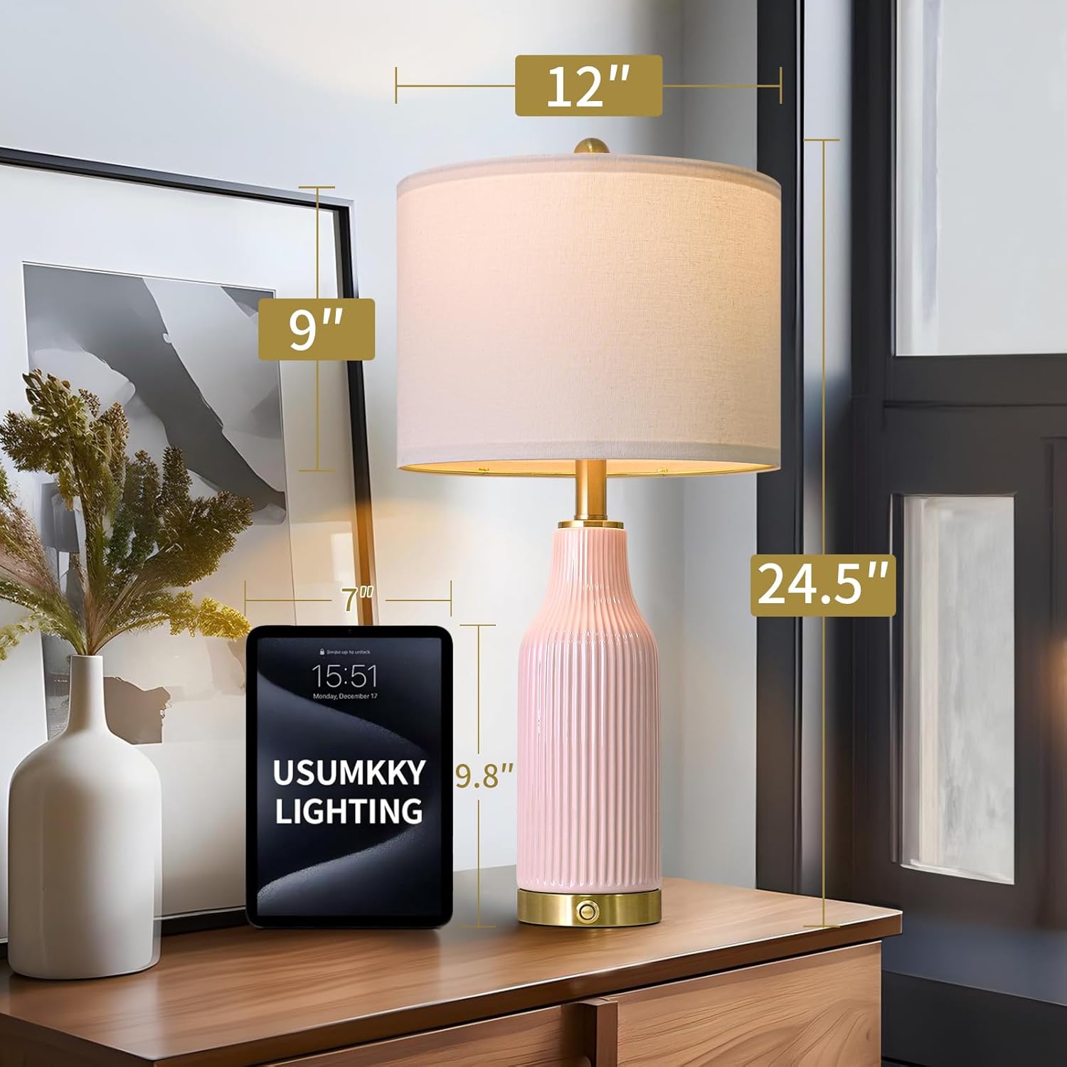 USumkky 24.5" Modern 3-Way Dimmable Touch Control with 5FT Cord & USB A+C Ceramic Lamps Set of 2 Table Lamp for Living Room Bedroom Farmhouse Nightstand Bedside Pink