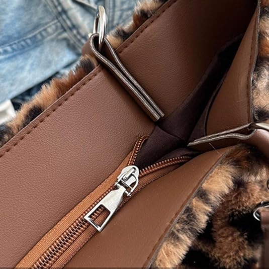 Borsa A Tracolla In Peluche Leopardo - Spaziosa, Comoda, Per Ufficio E Tempo Libero