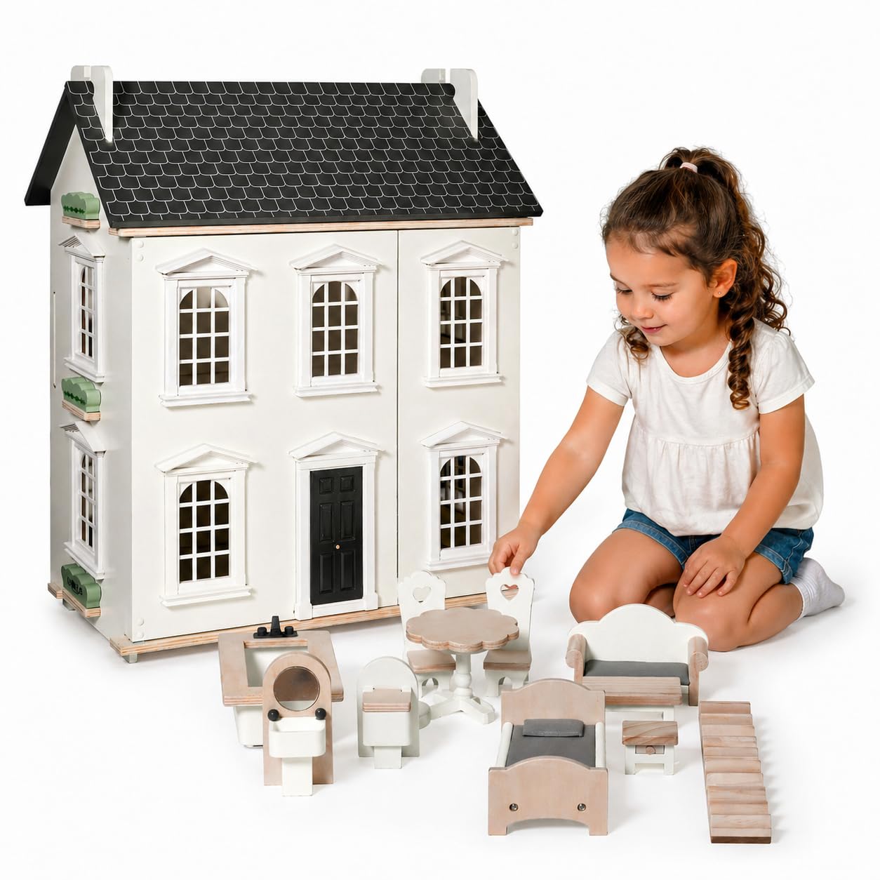 Hooga Wooden Dolls House with Furniture Set Included, 3-Storey Dollhouse Playset for 20cm Dolls, Miniature Doll's House, Opening Front Panel, No Tools Assembly, Gift for Children 3+, 55x26x65cm