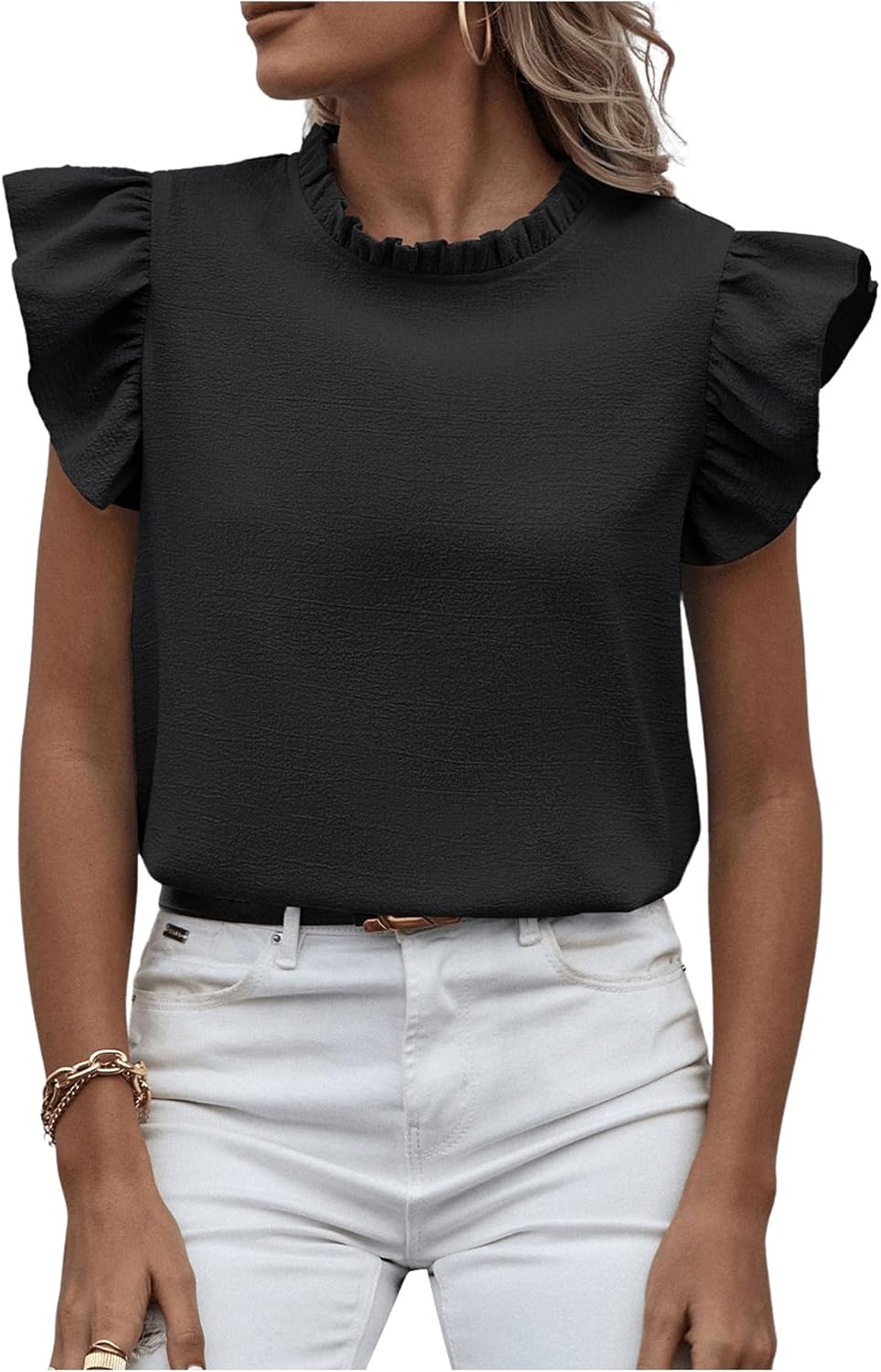 SweatyRocks Women's Ruffle Sleeve Summer Top Mock Neck Dressy Casual Blouse - Image 5