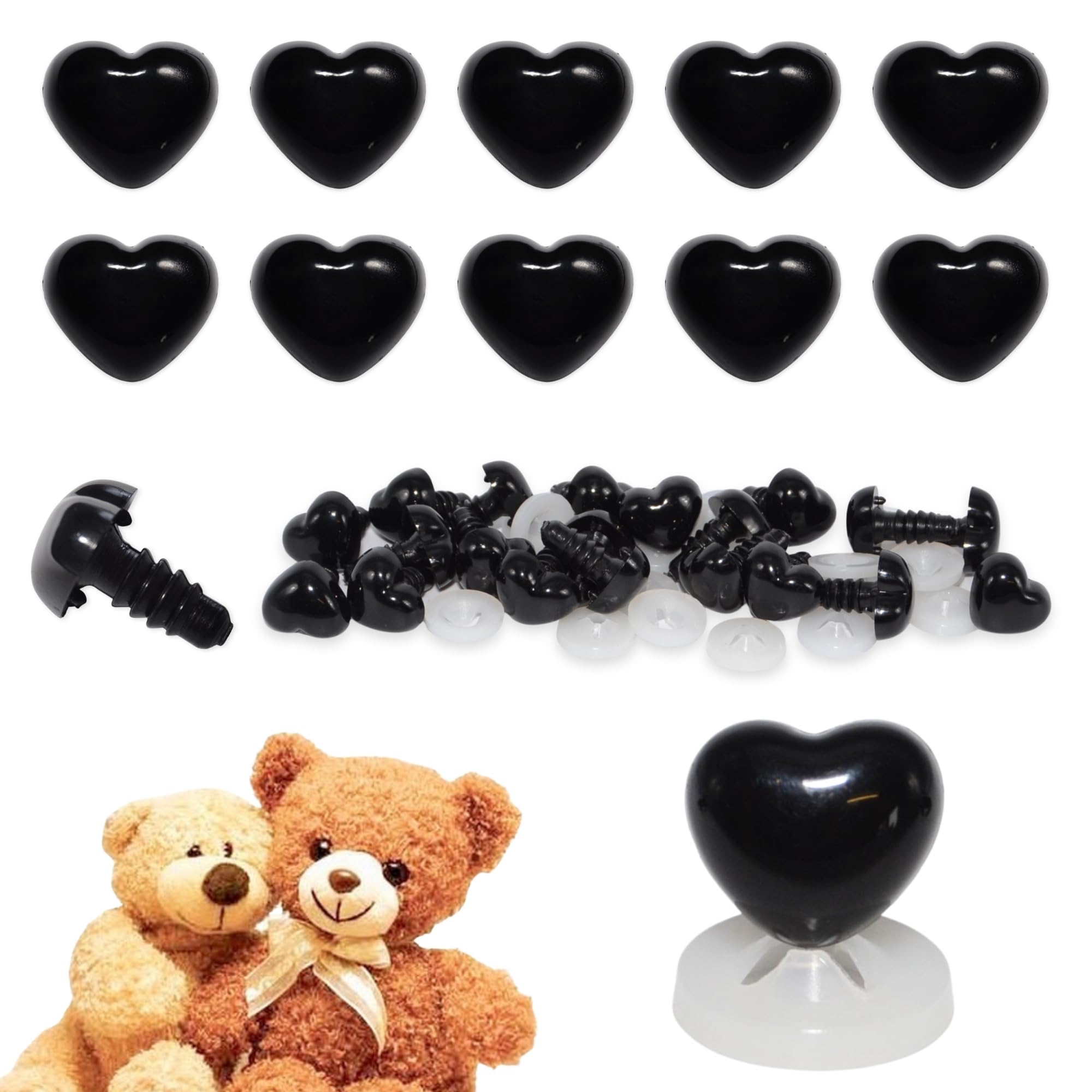 celloexpress 12mm x 11mm Black Heart Noses with Plastic Backs - Safety Noses for Soft Toy Teddy Bear Animal Making (Pack of 10)