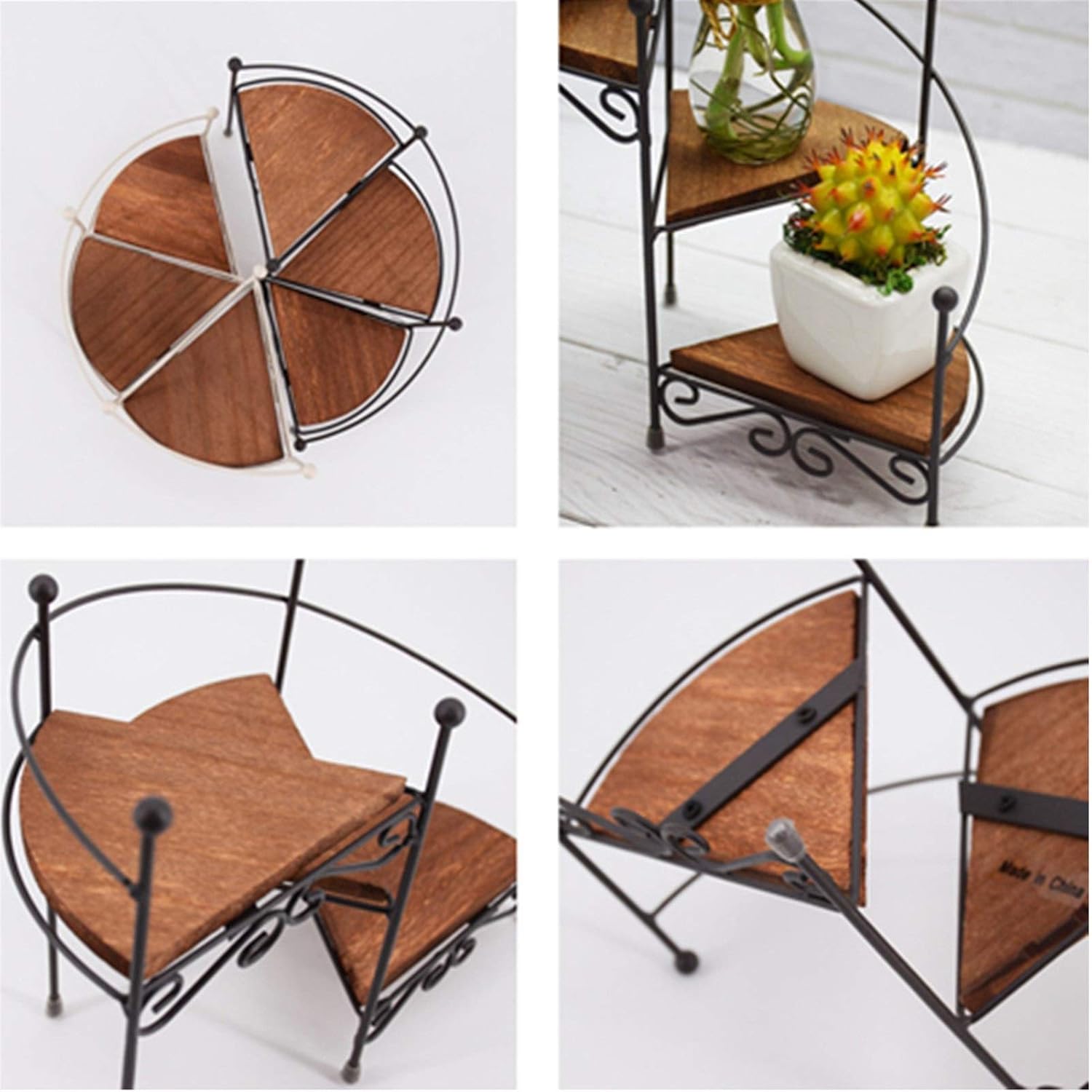 3-Layer Retro Iron Plant Rack Stand Plant Succulent Shelf Staircase Desktop Garden Flower Stand with Wood Plate Home Decorative(E)