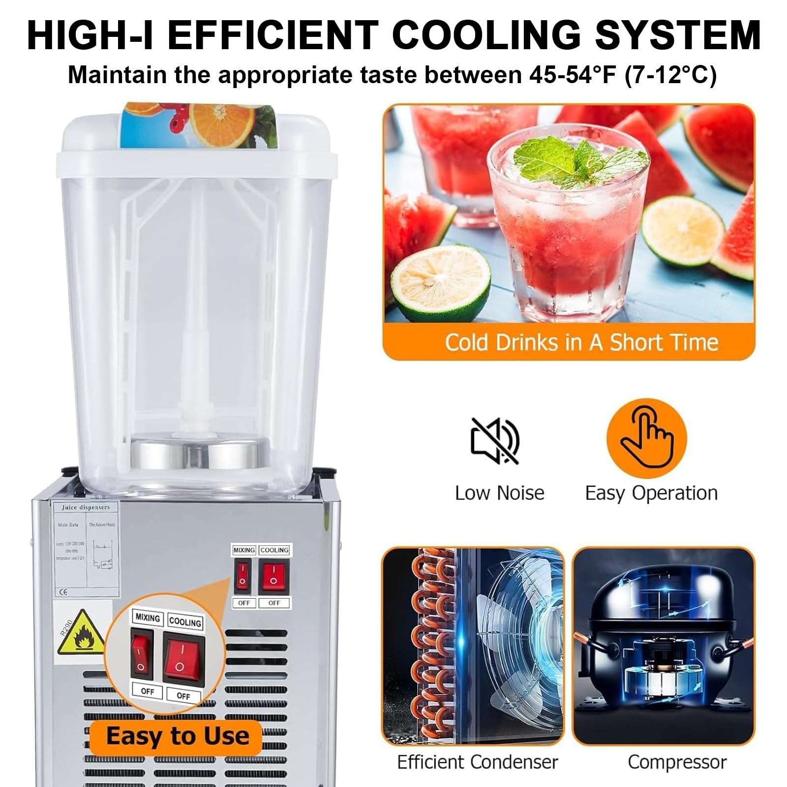 Dispensador de bebidas, dispensador de jugo refrigerado de acero inoxidable de 18 L para restaurantes, barras de jugo, uso doméstico, 280 W