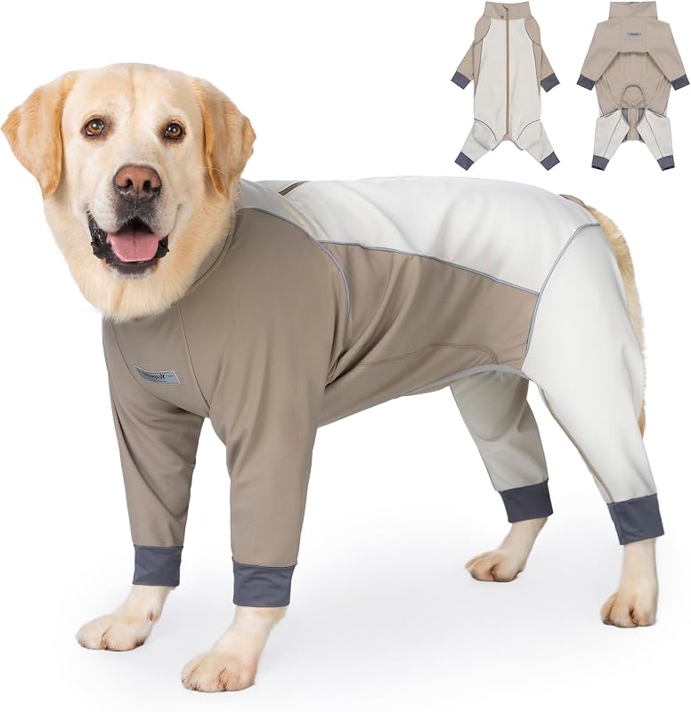 Casaco de Inverno Impermeável para Cães com Forro de Fleece, Zíper e Faixas Refletivas Yeapeeto Bege 4XL para 50–70 lb (22,7–31,8 kg)