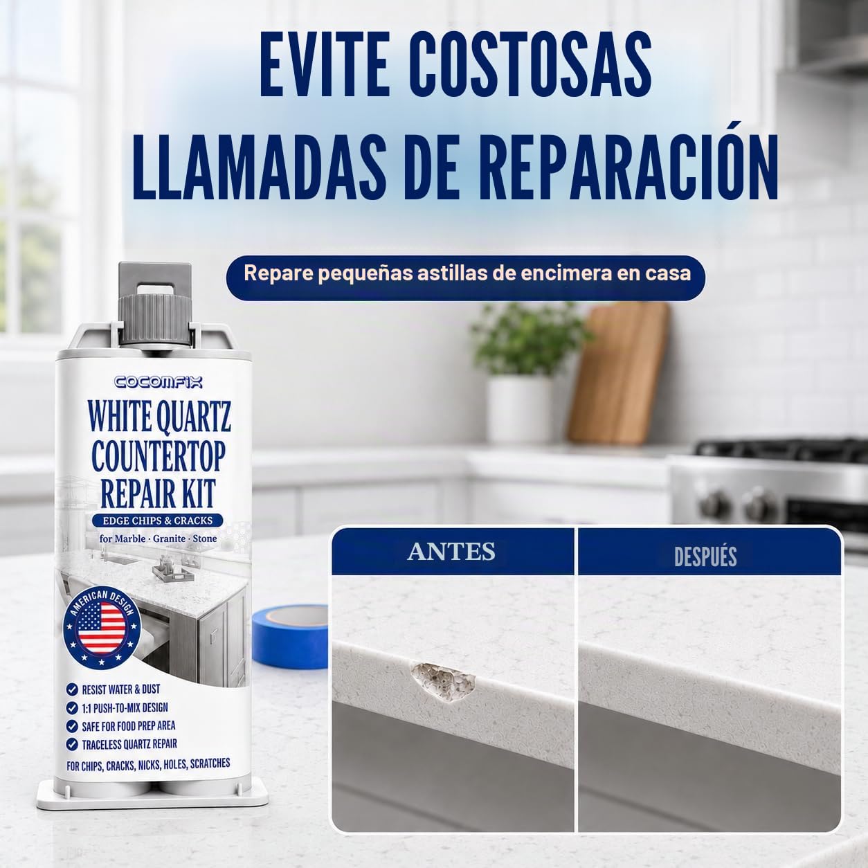 cocomfix Kit de reparación de cuarzo para encimera (blanco), kit de reparación de virutas de cuarzo de secado rápido para astillas, grietas, arañazos y agujeros en cuarzo, mármol, granito, porcelana y