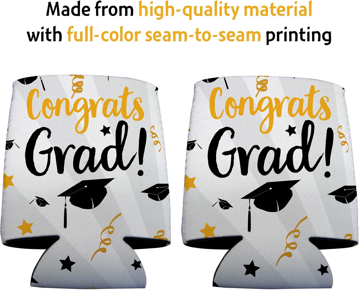 VictoryStore Congrats Grad Can Coolers – Set of 6 Graduation Can Sleeves – Reusable Foam Beverage Holders for 12-16 oz Cans & Bottles – Foldable, Durable, USA Made – Black, White & Gold
