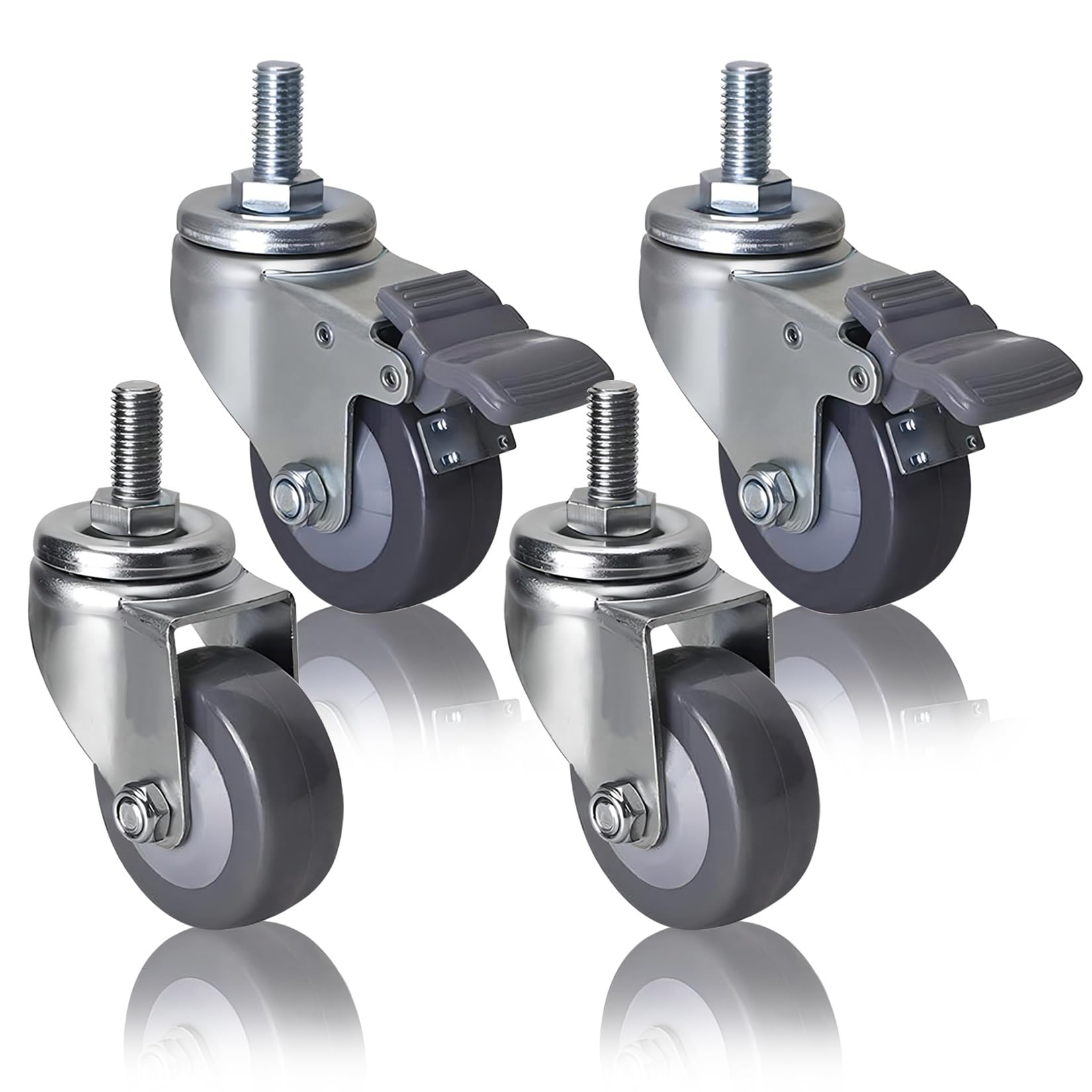 GYRAZXS Heavy Duty Industrial Casters Ø6m 75mm 100mm 4 Pack M12 Threaded Swivel Wheels with Brake Quiet Non Marking Polyurethane Replacement Furniture Rollers
