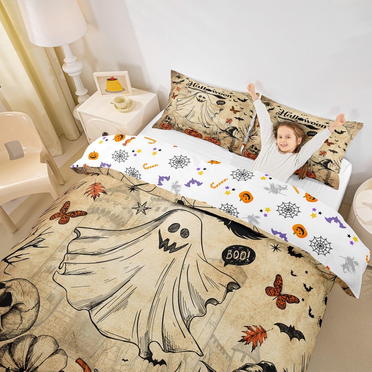 Cute Ghost Duvet Cover Set Queen Size for Kids Boys Girls,Pumpkin Lantern Sugar Skull Bedding Set,Halloween Bat Spider Web Comforter Cover Teens Vintage Brown Rustic Quilt Cover Bedroom Decor 3Pcs