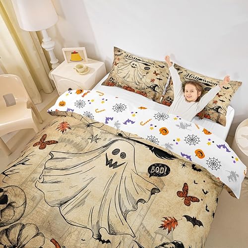 Miniatura 3 de Lindo juego de funda de edredón de fantasma, tamaño individual para niños y niñas, juego de ropa de cama de calabaza y calavera de azúcar, funda de