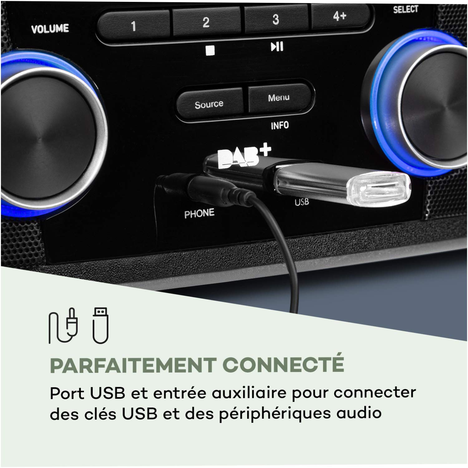 auna Stockton Micro chaîne stéréo - 20W Max. (2X 5W RMS), Dab+, Tuner Radio FM, Fonction RDS, Lecteur CD, Bluetooth, Port USB, AUX-in, écran OLED, X-Bass, EQ, minuterie, Fonction réveil, Noir