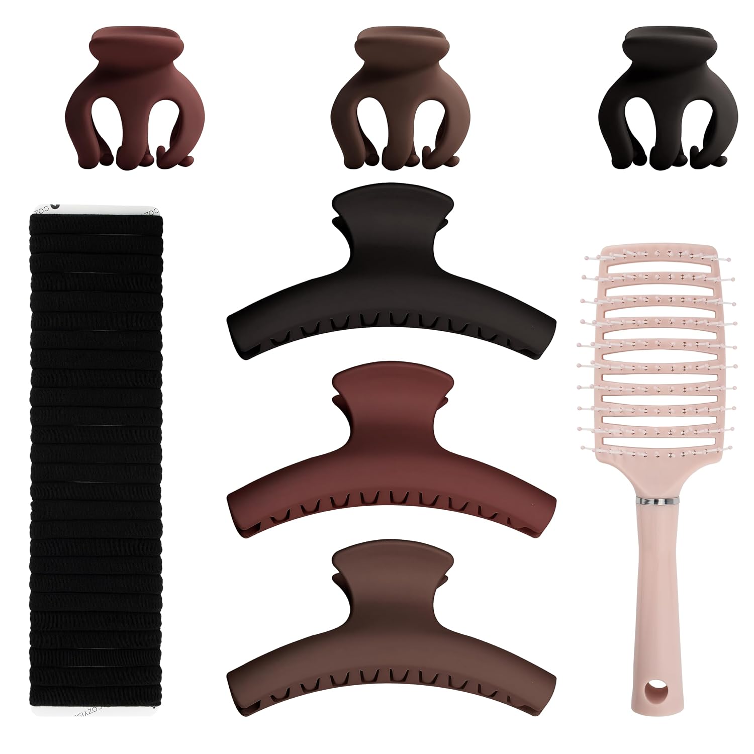 Dark Tones Hair Accessories Set - 3 Large Hair Claw Clips, 3 Small Claw Clips, Hair Brush, 28 Hair Ties for Women | Non-Slip for Thick & Thin Hair (Burgundy, Brown, Black)