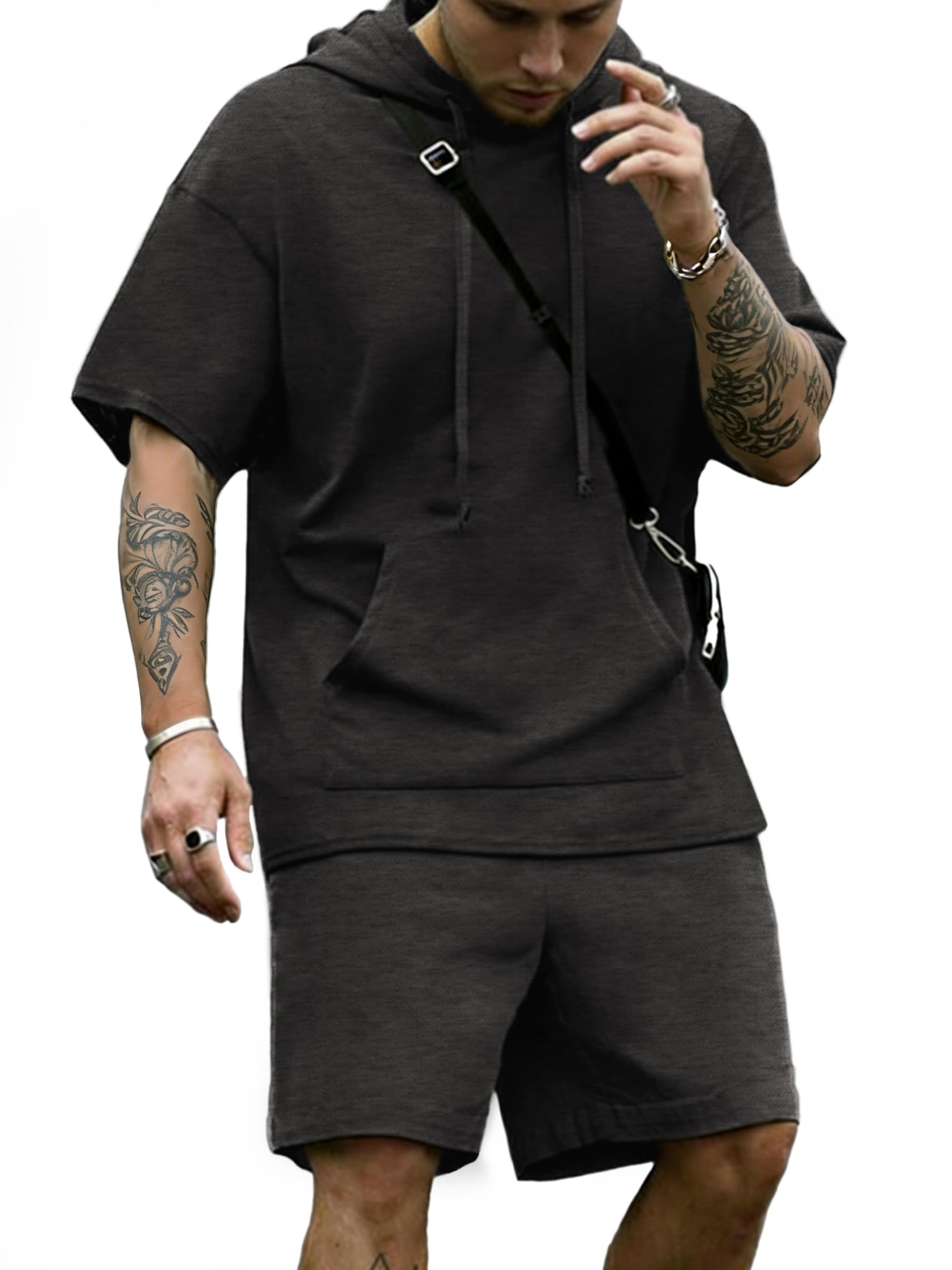 COOFANDY Men's Tracksuit 2 Piece Hooded Athletic Sweatsuit Short Sleeve Casual Sports Hoodie Shorts Set