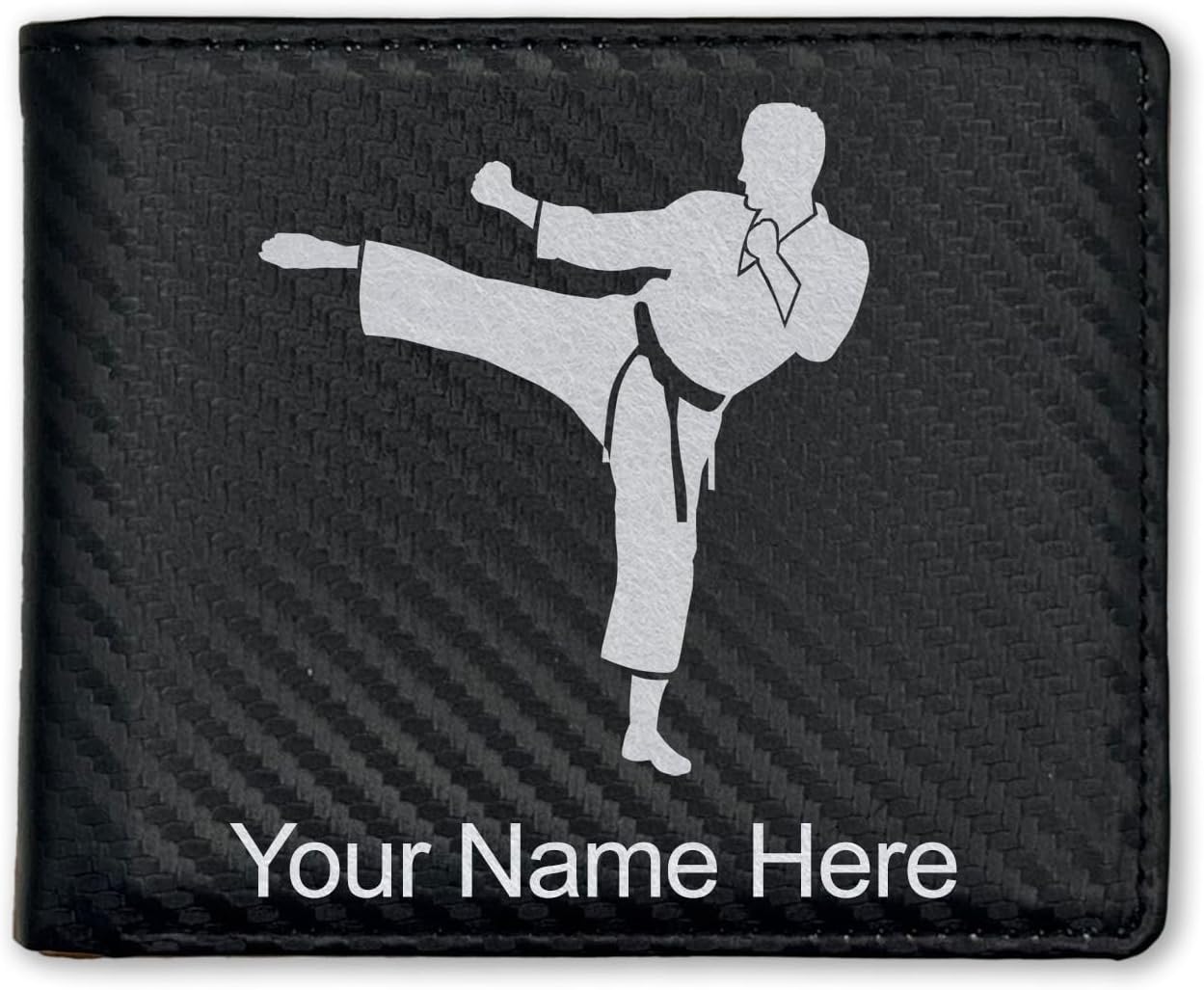LaserGram Faux Leather Bi-Fold Wallet, Karate Man, Personalized Engraving Included (Carbon Fiber Black with Silver)