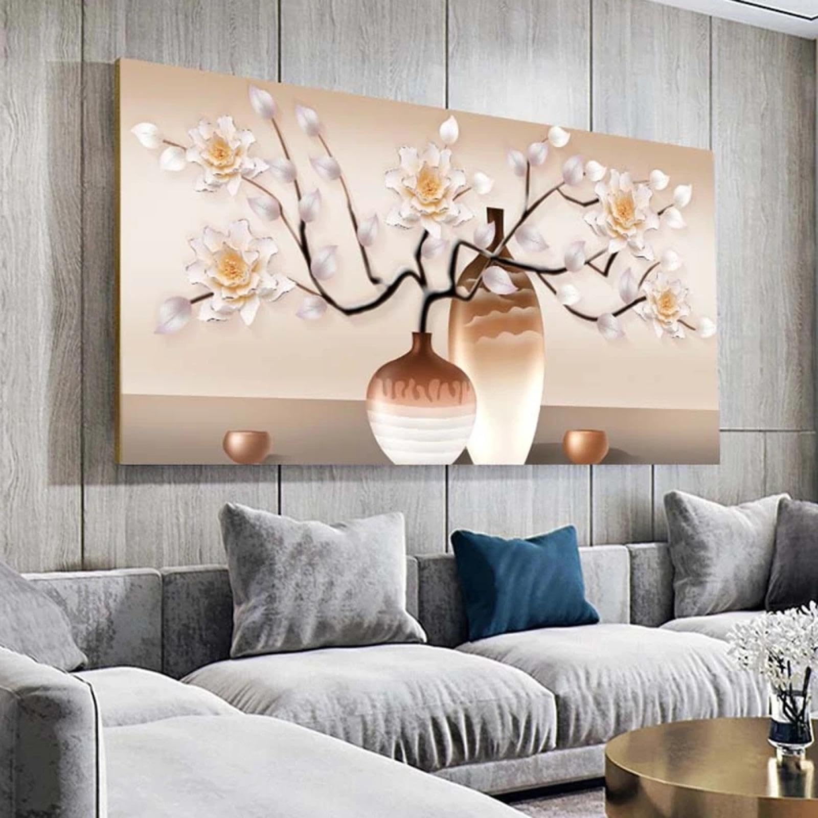 Art mural moderne d'exception : toile de maître abstraite fleurs blanches dorées - 8