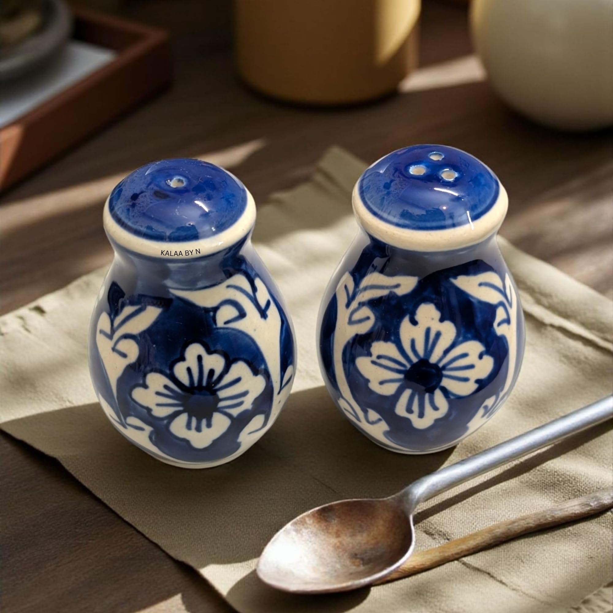 Kalaa By N Salt Pepper Set for Dining Table Kitchen - Ceramic Salt and Pepper Shakers Dispenser Container Sprinkler 60ML - Home Cafe Office Restaurant - Dishwasher Safe (Blue and White) - Image 9 thumbnail