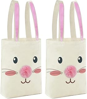 ATFUNSHOP 2 Pcs Easter Canvas Tote Bag for Kids Reusable Large Easter Bunny Bags Baskets for Easter Egg Hunt Baby Shower Birthday Party Supplies (Pink)