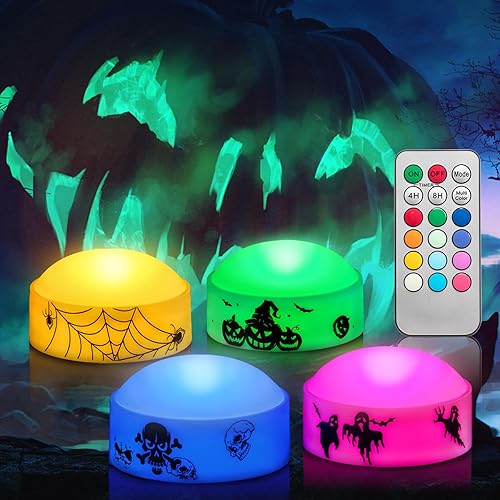 Miniatura 1 de CANDLE IDEA 4 luces LED de calabaza de Halloween que cambian de color con control remoto y temporizador, luz de linterna Jack-O-Lantern funciona con