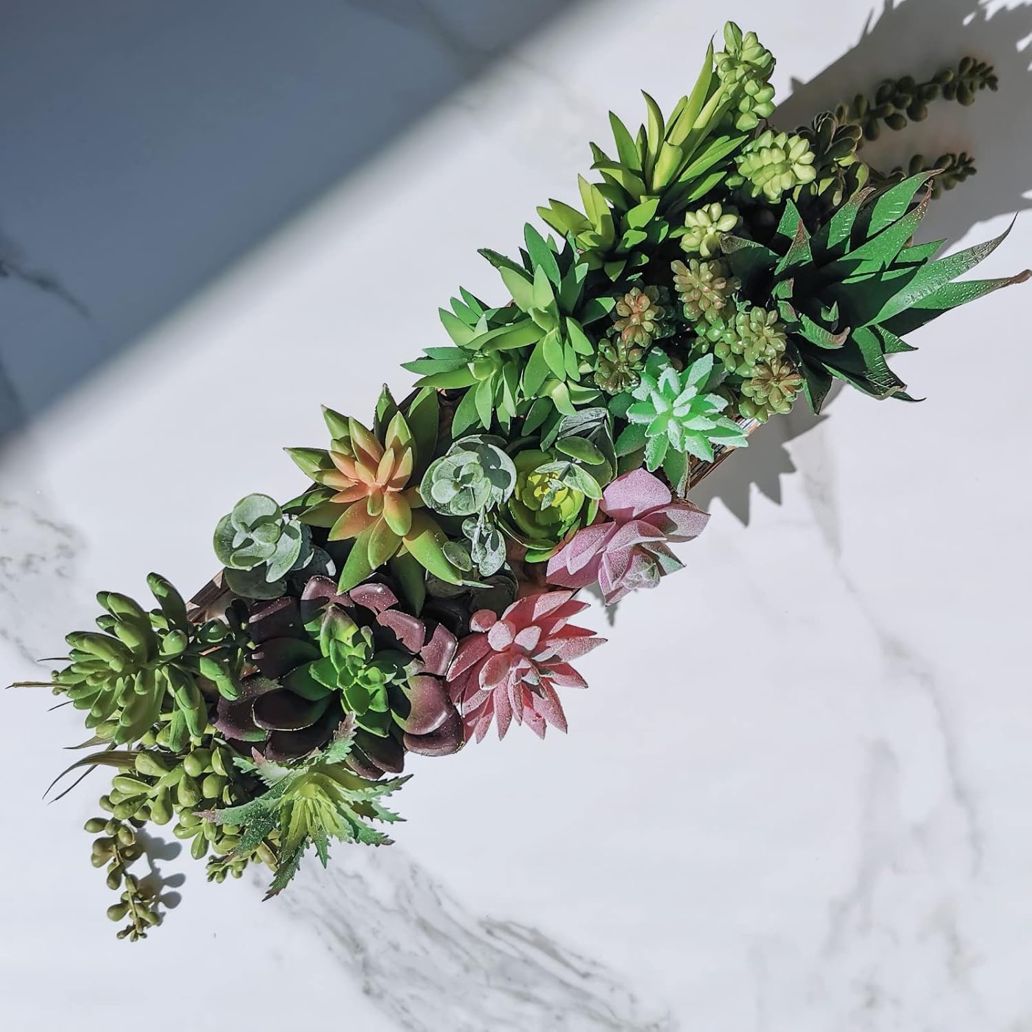 Winlyn 19 Pcs Assorted Artificial Succulents in Rectangular Wooden Pot Succulents Garden in Wood Planter Box Potted Succulents Plants Arrangement for Table Centerpiece Windowsill Greenery Decor