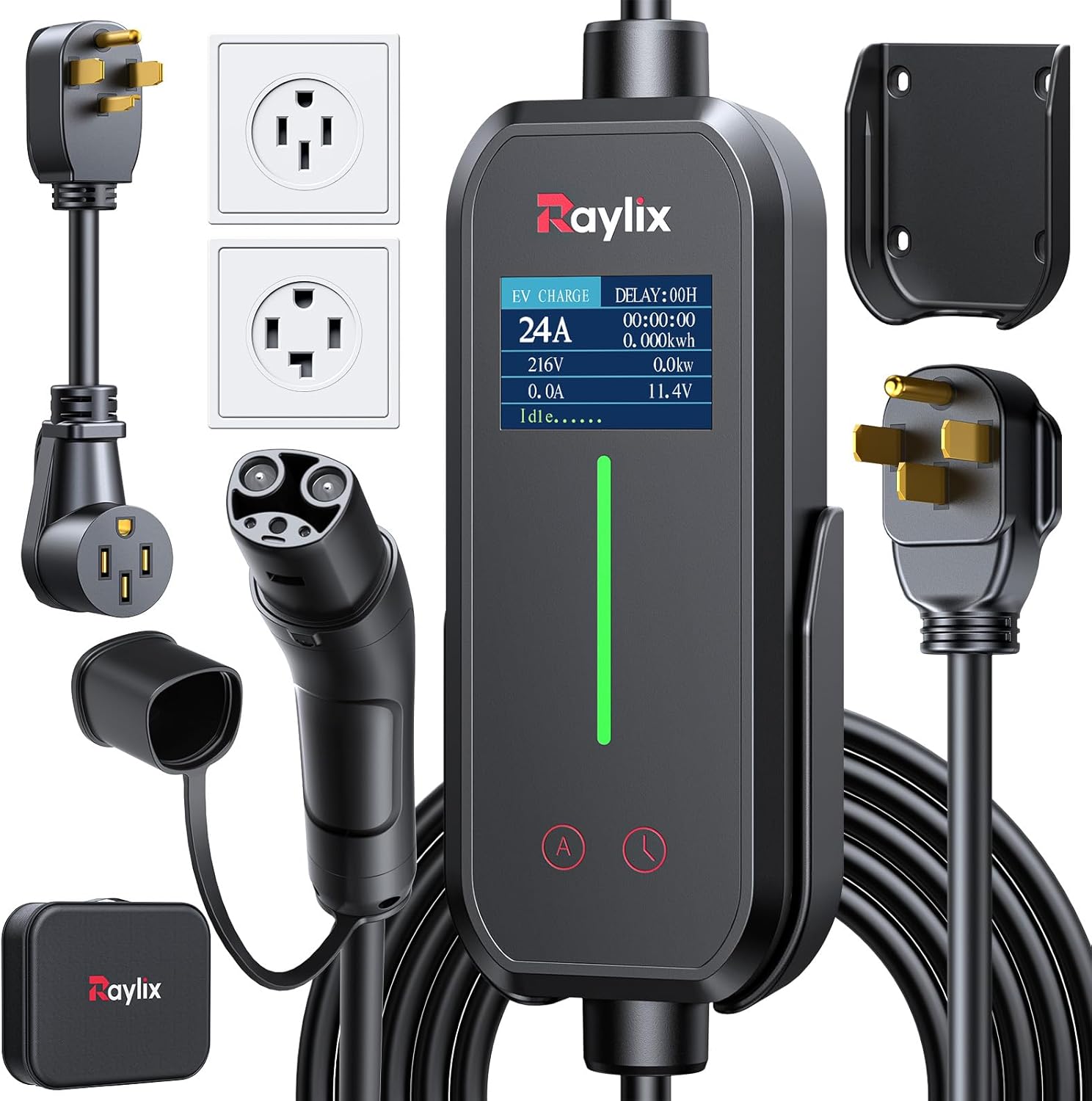 Raylix Upgraded Level 2 Fast EV Charger, 24A Dual Outlet Compatibility/Adjustable Current/Timer, NEMA 14-30 Dryer Outlet & 14-50 Plug, 21FT EV Charging Cable, J1772 Connector for SEA J1772 EVs/PHEVs
