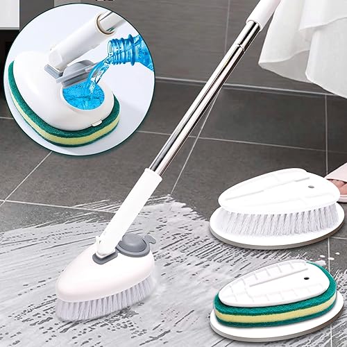 Shower Cleaner Brush, 2-in-1 Tub and Tile Scrubber with Long Handle, Floor Scrubber with Soap Dispenser for Stiff Bristles and Scrubber Sponge for