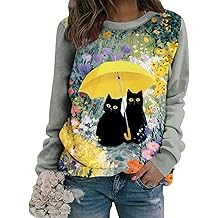 LOAIHA Womens Cat Guitar Graphic Sweatshirt Long Sleeve Pullover Vintage Style Orange Floral Print Crewneck Top for Outfit