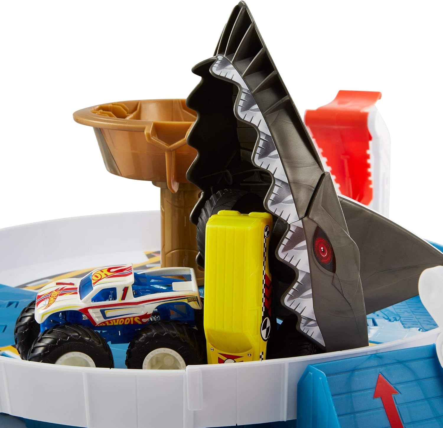 Close-up of the Mecha Shark mechanism with a monster truck