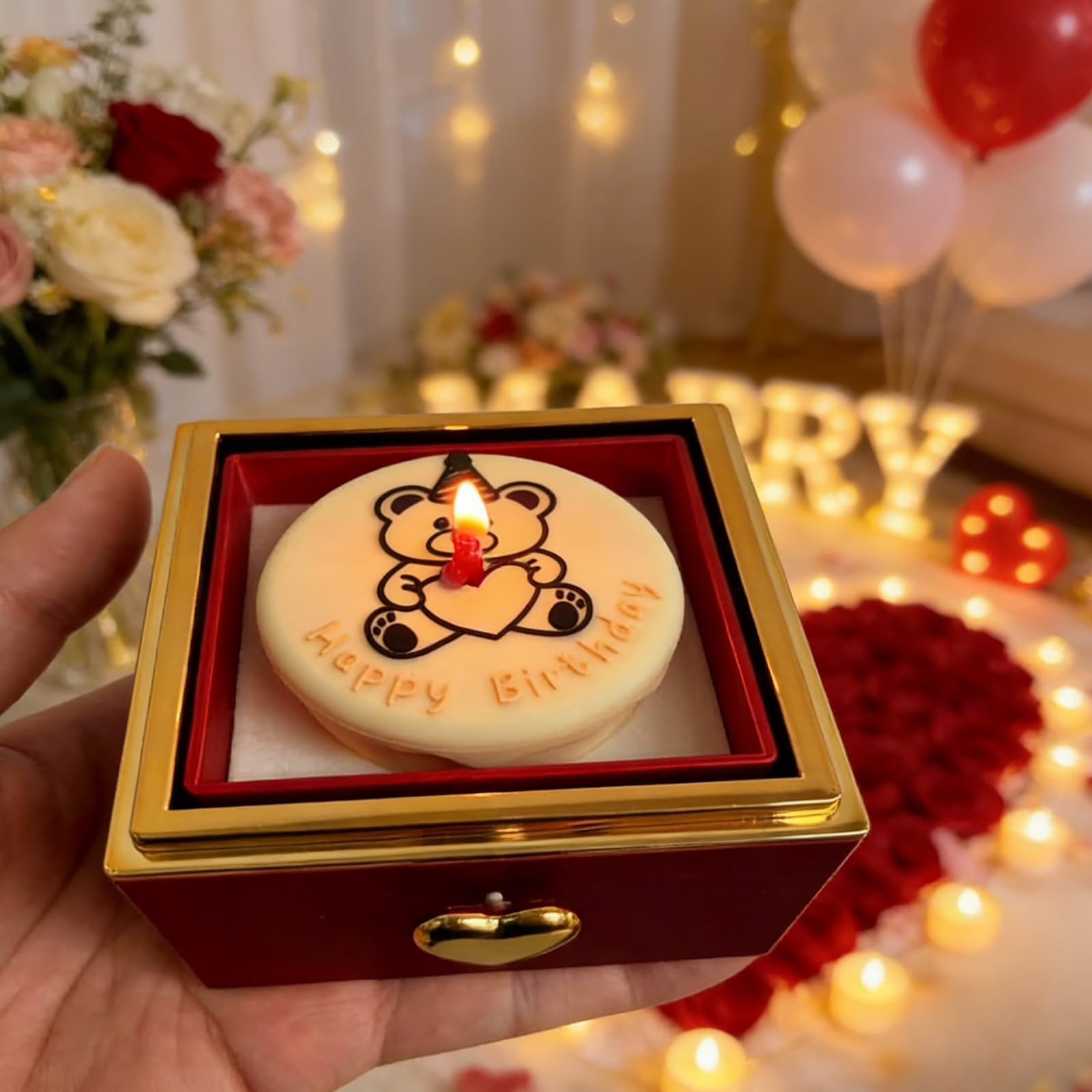 Weijimir Little Bear Cake Rotating Ring Box for Proposal, Engagement Ring Box Wedding Day Birthday, Surprise Flip Ring Bearer Proposal Box Necklace Bracelet Ring Rotating Jewelry Box for Women (red)