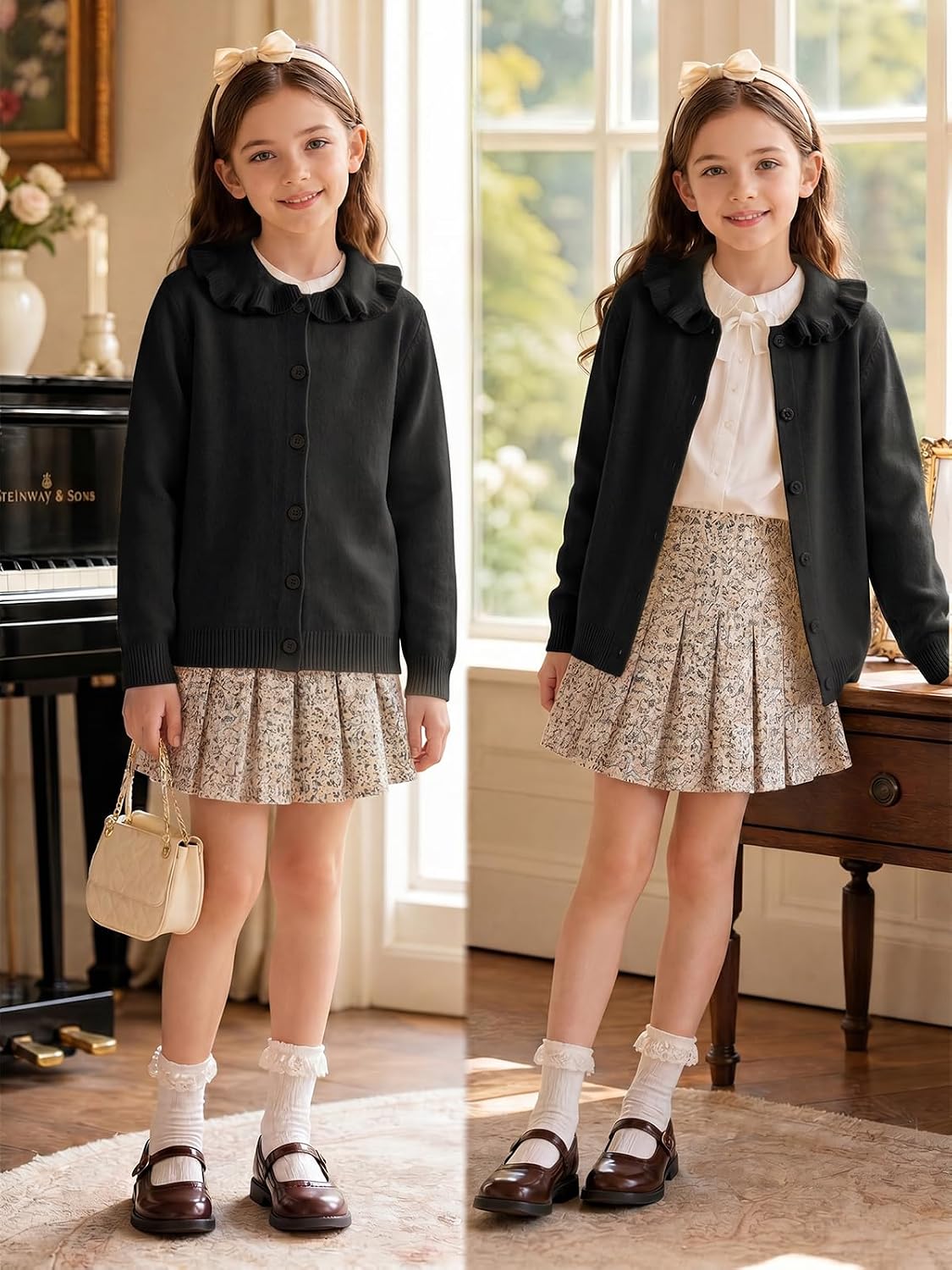 Haloumoning Girls Cardigan Sweater Ruffled Peter Pan Collar Sweaters 5-14Y | Kids Long Sleeve Button Up Knit Sweater, Ruffle Trim Warm and Soft Spring Fall Outwear